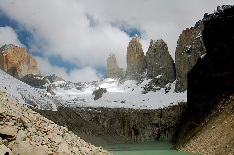 Spectacular mountain cliffs: The Towers in Paine National Park in Chile, part of Patagonia.