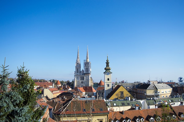 Skyline with a distant Cathedral in Zagreb, Croatia.