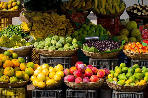 A display of produce at a fruit market.