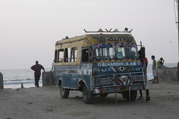 Bus in Senegal by the sea.