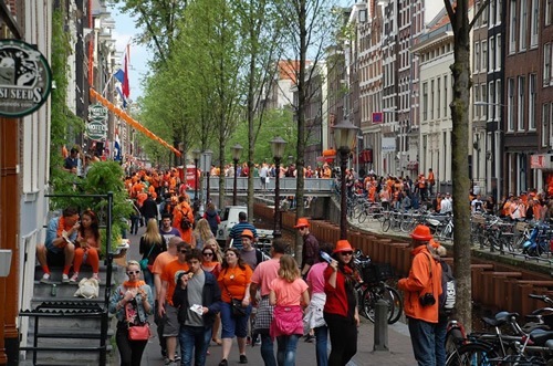 Crowds along the Wallen in Amsterdam.