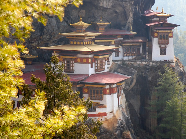 Tiger's nest monastery in Bhutan, nestled on the cliffs of a green mountain.
