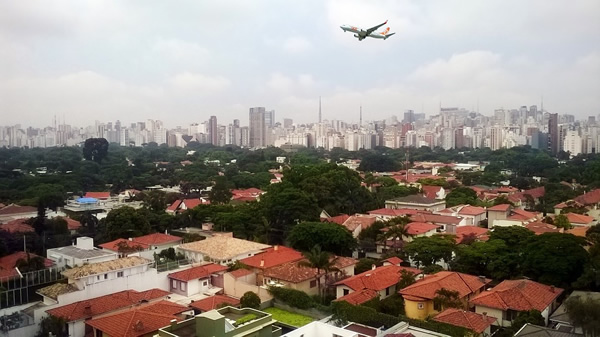 An airplane landing in Sao Paulo, Brazil.