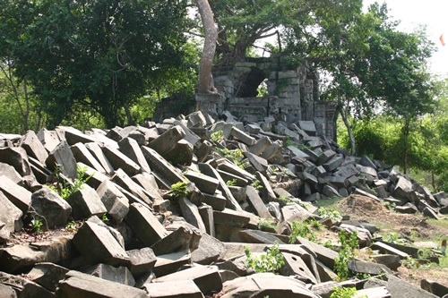 Fallen temple stones in Cambodia.