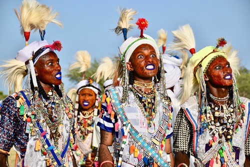 Wide-open rolling and crossing eyes considered attractive among the Wodaabe in Chad.
