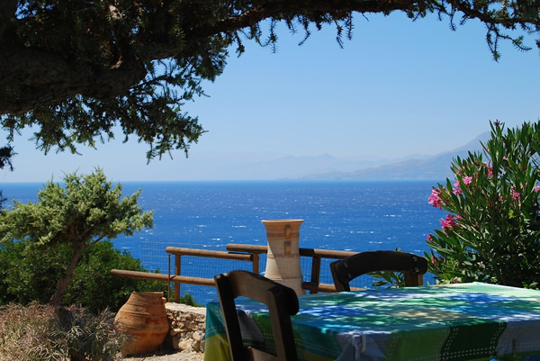 View from a tavern to the island of Crete, Greece.