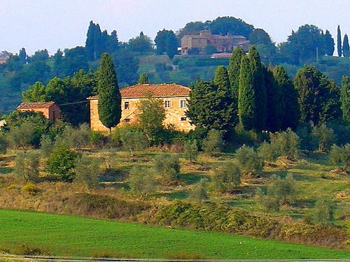 A Tuscan country villa surrounded by trees.