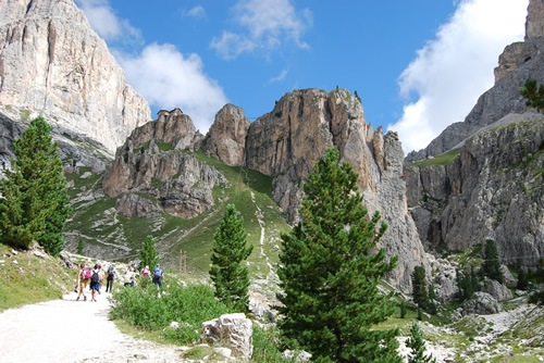 Walking a path through the Dolomite mountains in Italy.