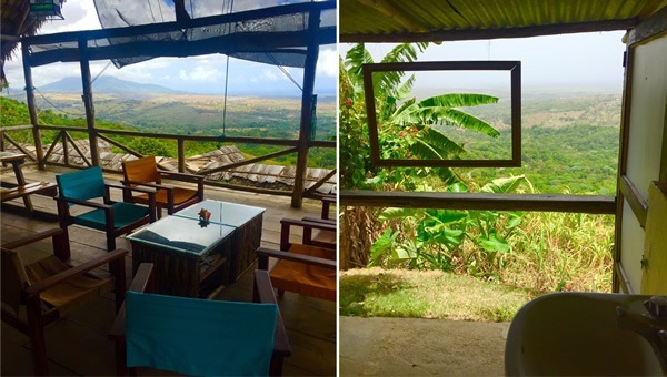 The panoramic view from the palapa lounge (left); the bathroom view (right).