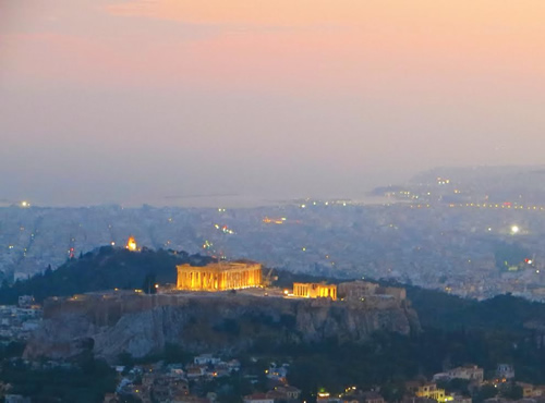 Athens and the Acropolis seen from Mount Lycabettus in the afterglow.