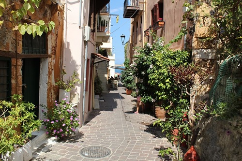 A walking street in Chania, Crete.