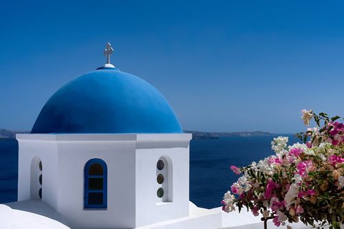 Blue church dome in Santorini.