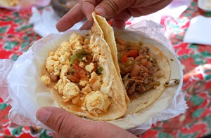 Quesadillas filled with scrambled eggs and beef ragout in Guanajuato.