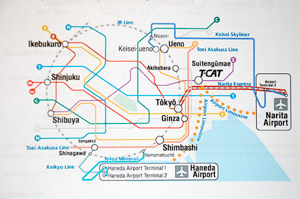 Underground train map in Tokyo, Japan.