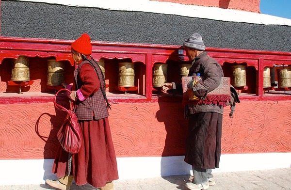 Prayer wheels at Thiksay monastery.