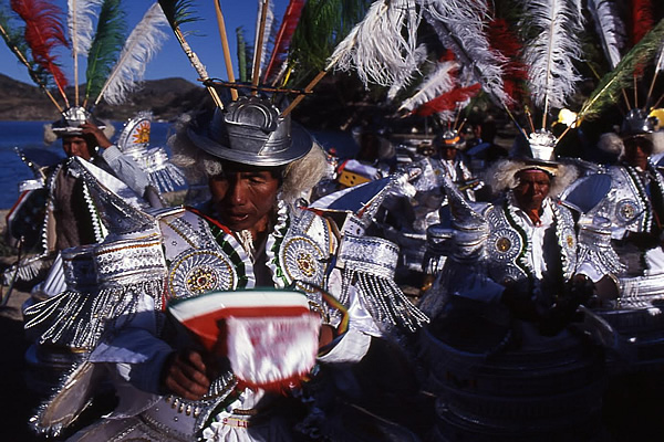 Morenada dancers, Island of the Sun in Lake Titicaca, Peru.