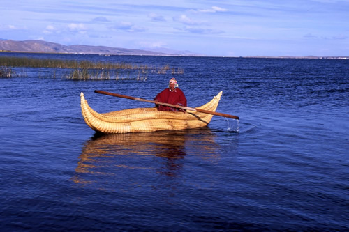 Totora reed boat on Lake Titicaca, Peru.