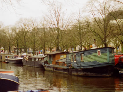 Houseboat on a canal in Amsterdam.