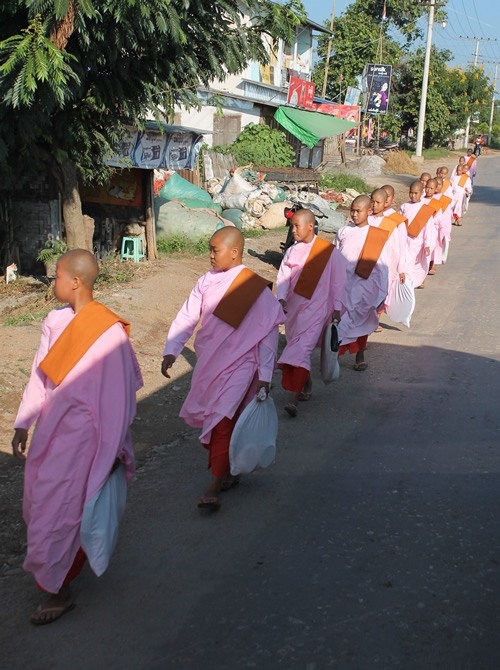 Nuns walking in file in Myanmar.