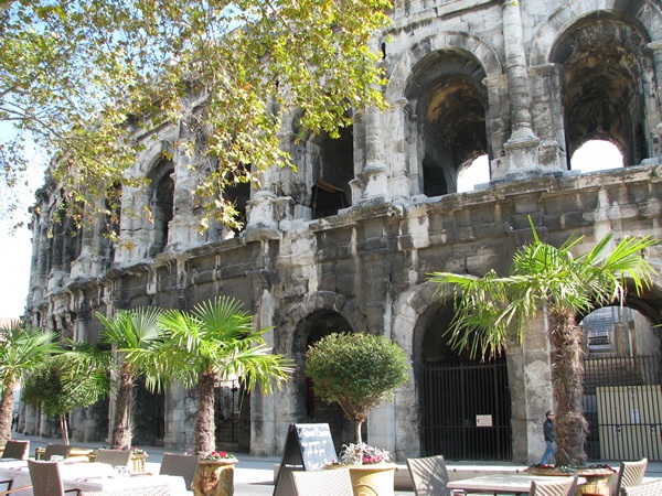 Nimes, France in from of a Roman colosseum.