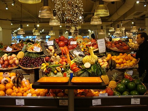 Bon Marche glorious display of fruits and vegetables in Paris.