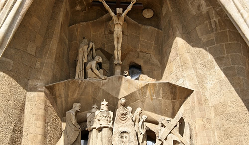 A grouping of statues on the facade of La Sagrada Familia.
