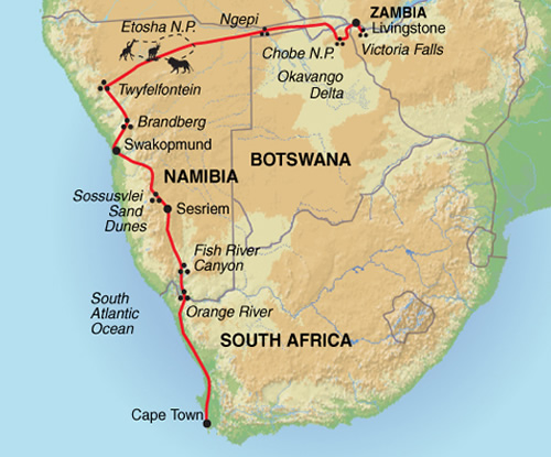 Map of the trip in Southern Africa.