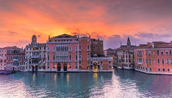 Sunset in Venice along the canals.