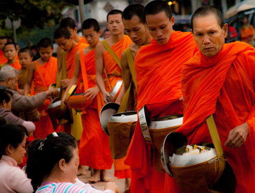 Monks accepting alms of sticky rice during a ceremony.