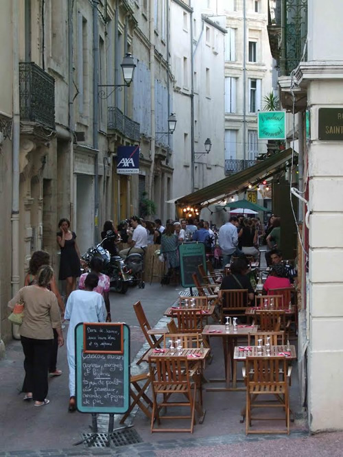 Meals in the small streets of Montpellier, Languedoc, France.