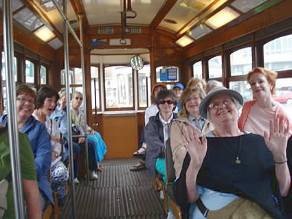 Women riding bus in Lisbon, Portugal.
