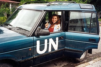 Zorana Maltar with United Nations inside UN SUV in East Timor.