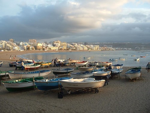 Boats resting up for the night on Las Canteras Beach, Las Palmas.