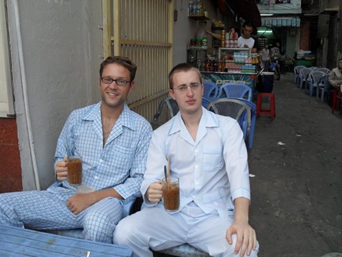 In pajamas with coffe at a cafe in Vietnam