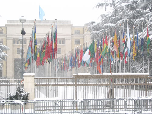 United Nations building in snow in Geneva, Switzerland.