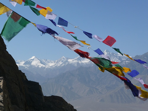 Prayer flags in the wind in Ladakh in the Himalayas, India.