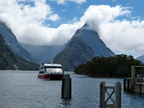 Boat on lake in Milford, New Zealand.