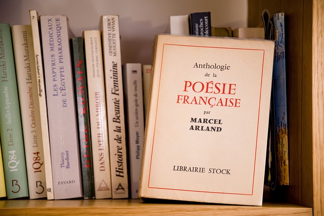 A book of French poetry on a bookshelf is another way to learn the language.