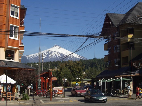 Villarica, Chile with mountain in background.