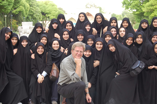 Rick Steves hanging out with schoolgirls in Iran.