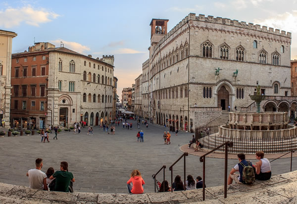 The Piazza IV Novembre with its fountain in the center of Perugia, Italy.