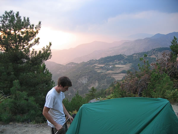 Setting up the tent on a data-checking expedition in Albania