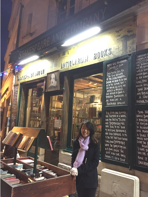 The author in front of the famous Parisian bookstore, Shakespeare and Company.