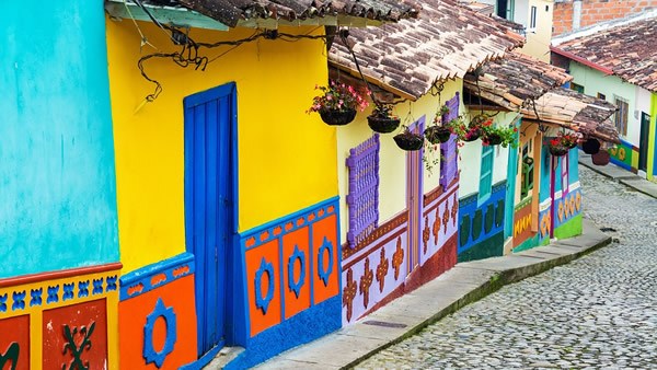 A colorful traditional street in Bogota.