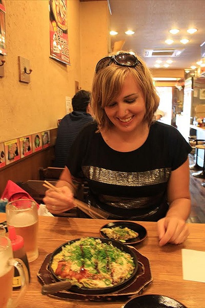 Enjoying Hiroshima style okonmiyaki