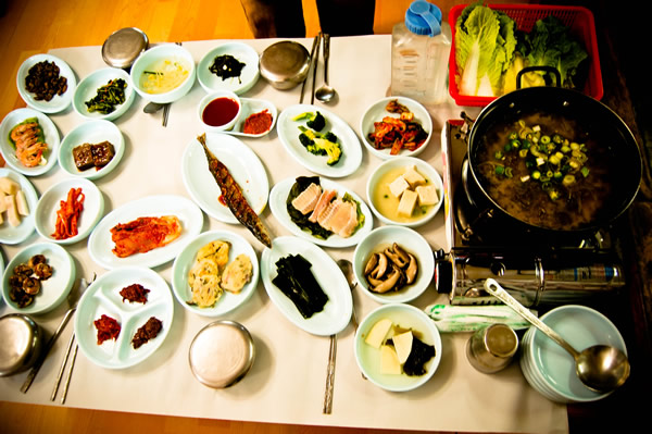 A big spread of many kimchi dishes in South Korea.