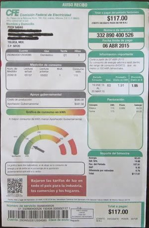 Sample electic bill in Mexico.