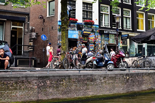 A street along a canal in Amsterdam.