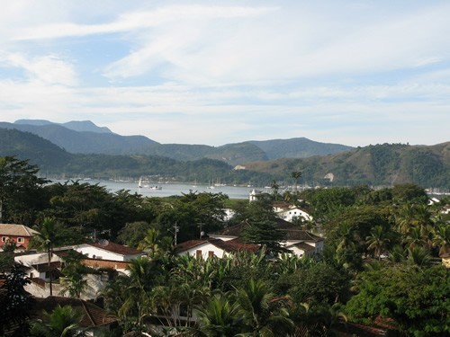 Paraty, Brazil with green hills and beautiful water.