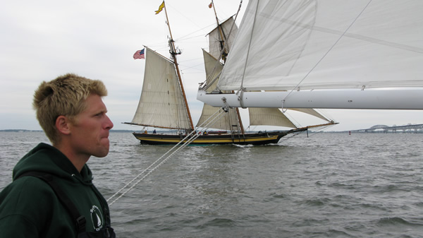 Andy at helm of schooner